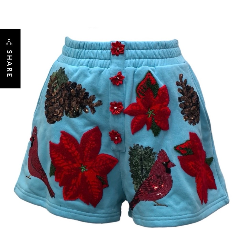 QUEEN OF SPARKLES Aqua Blue Poinsettia, Cardinal & Pine Cone Shorts